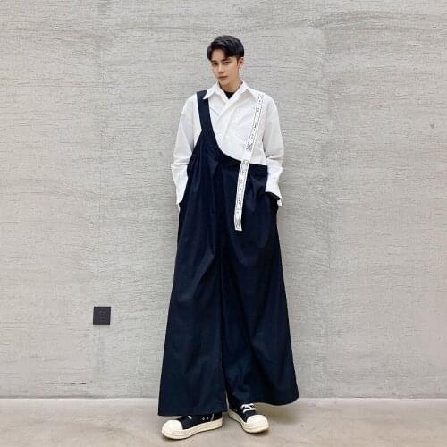 Spring Summer Mens Loose Wide Leg Overalls Asymmetric Design Casual Full Length Trousers F10