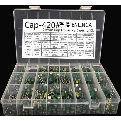 24Value capacitor kit 16V 25v 35V 50V 22uf 0.1uf 0.22uf 220uf 100uf 1000uf 2200uf 3300uf aluminum electrolytic capacitor 420pcs
