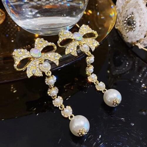 Korean Elegant Rhinestone Bowknot Drop Earrings For Women Girls Fashion Long Pearl Pendientes Party Jewelry Gifts