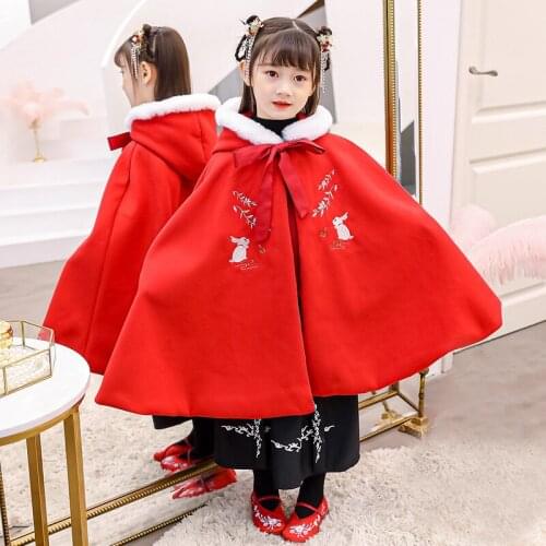Red Girls Embroidery Hanfu Cape winter Long Cloak Chinese Children Style Mantle Kids Christmas Hooded Capes New Years Outfit