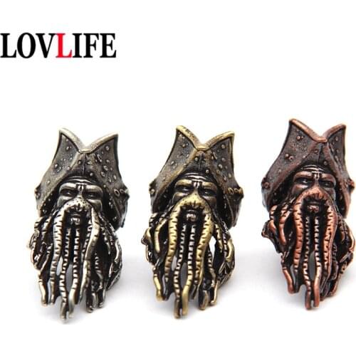 Brass Octopus Face Pirate King Figure Knife Beads Metal Keychain Pendant Jewelry DIY Umbrella Rope EDC Outdoor Tool Accessories
