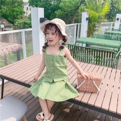 2020 summer Korean girl fresh art plaid sling short skirt 2piece/suit thanksgiving boutique kids clothing girls outfits