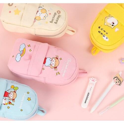 Cartoon Cute Schoolbag Shape Pencil Case Large Capacity Canvas Stationery Bag Boys and Girls Simple Ins Stationery Storage Bag