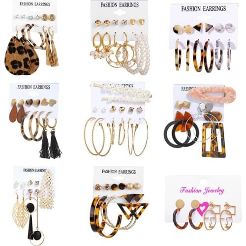 Fashion Women Leather Acrylic Tassel Earrings Ear Studs Set Geometric Vintage Drop Earring Ear Stud Dangle Earrings Jewelry