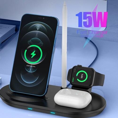 4 in 1 Desktop Magnetic Wireless Charging Station LED 15W Charger Quick Charge For Apple Watch 6 5 4 3 AirPods For iPhone 12 11