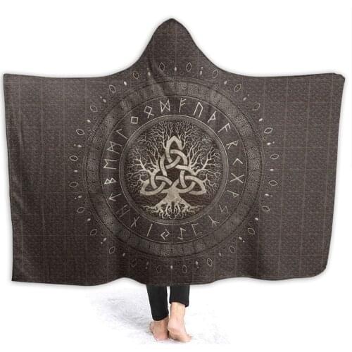Wearable warm flannel Tree Of Life Brown Gold Hooded Blanket Viking Nordic blankets for Sofa Sherpa Fleece Bedspread Wrap