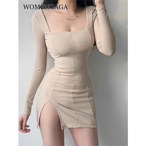 2020 new spring long sleeve dress womens slim sexy mini dresses square collar bottom slit fashionable dress Khaki 84N5