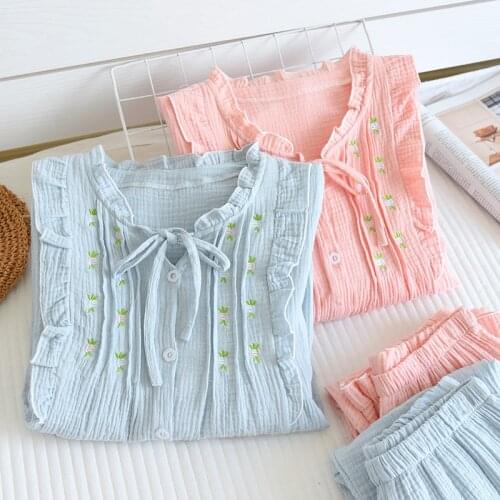 Fdfklak Double Gauze Cotton Japanese Pajamas Sleepwear Female Pijamas Mujer Spring Autumn Long Sleeve Soft Nightwear