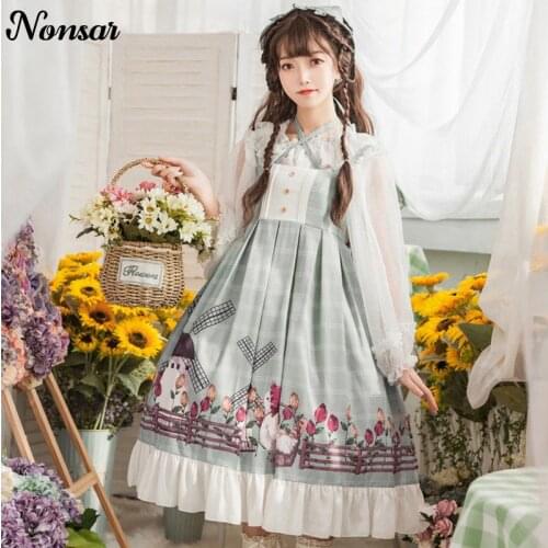 NONSAR Sweet Kawaii Jsk Lolita Dress Women Sleeveless Bow Lace Princess Vintage Victorian Gothic Cartoon Tea Party Dresses