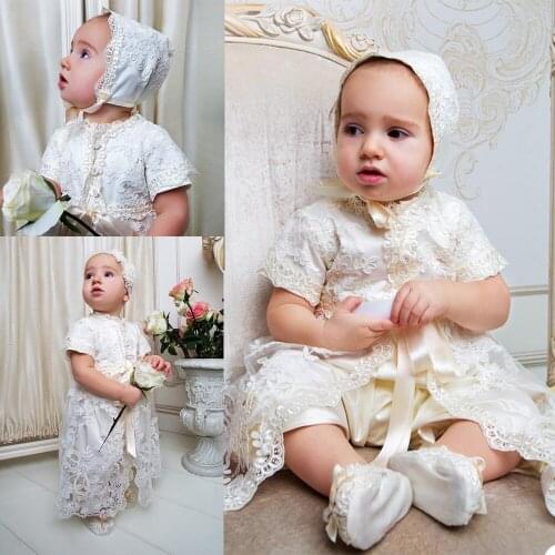2021 2 Pieces Cute Baby Christening Gowns For Little Girls Short Sleeve Appliques Baptism Dresses With Bonnet First Communicatio