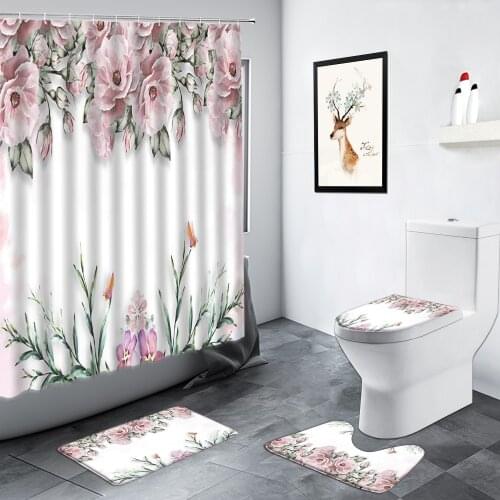 Pink Flowers Shower Curtains Butterfly Green Plant Tulip Floral Carpet Anti-slip Mat Toilet Cover Bathroom Decor Bath Mats Sets