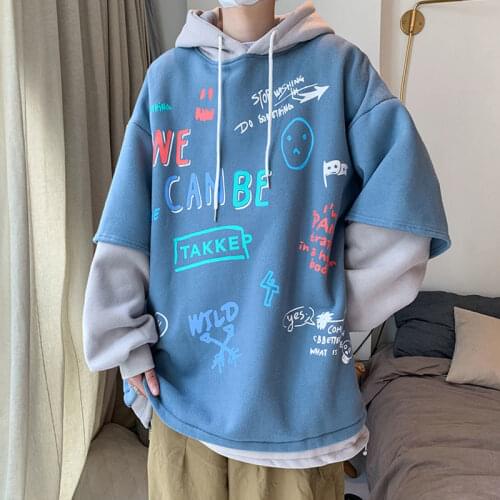 Street Graffiti Letter Print Plus Sweatshirt Male Harajuku Hooded Hoodie Hip Hop Korean Style Loose Hoodies For Male