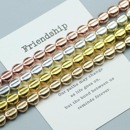 WLYeeS 8x9mm Trace Oval Hematite Gold Silver Natural Stone Spacer Loose beads for Jewelry Bracelet Making DIY Accessories 42 Pcs