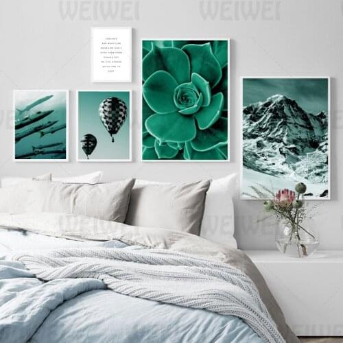 Green Succulents Home Decoration Painting Rising Hot Air Balloon Snow Mountain Swordfish Living Room Wall Canvas Poster Text