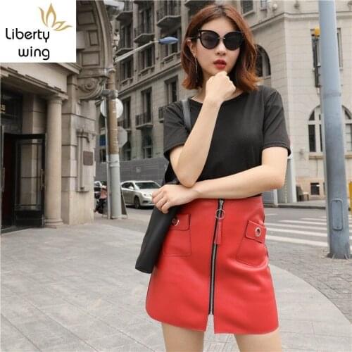 New Punk Genuine Leather Sheepskin Wrap Skirts Womens Red/Black Fashion Luxury OL High Waist Zipper A-Line Short Skirt