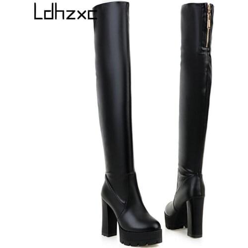 LDHZXC Band Designer Pu Leather Women Over The Knee High Boots Round Toe Boots Women Long Platform High Heel Boots Size 33-43