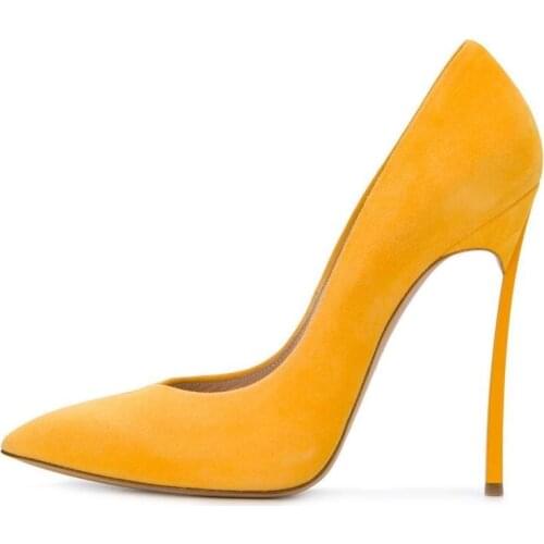 Yellow Suede Leather Women Shoes 2018 High Heel Pointed Toe Slip-on Wedding Party Dress Shoes Shallow Spring Autumn Pumps