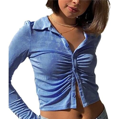 New Arrival Women Solid Buttoned Lapel Tops Lady Slim Fit Ruched T-shirts Casual Street Fall Summer Long Sleeve Split Crop Tops