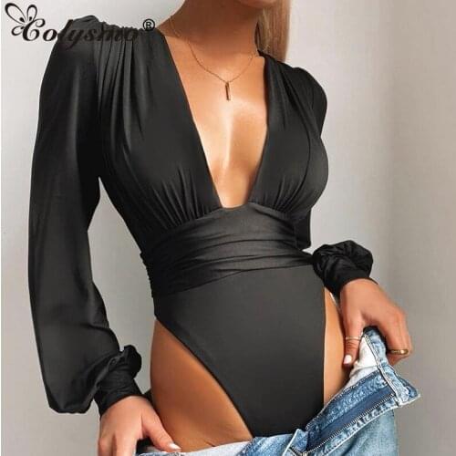 NewAsia Long Sleeve Bodysuit Sexy Deep V Ruched Elastic 2 Layer Solid Color One Piece Shirts Casual Fashion Romper Women Outfits