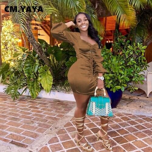 CM.YAYA Women Mini Dress Solid Full Lantern Sleeve V-neck Bandage Stretchy Bodycon Dresses Sexy Fashion Streetwear Summer Outfit