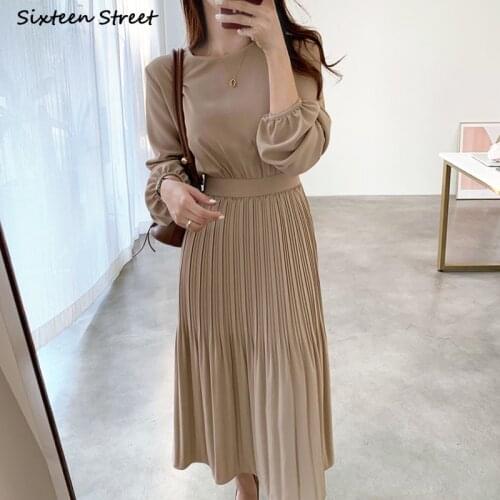 Khaki Pleated Dress for Woman O-neck Vintage Elegant Maxi Vestido Dress Autumn Korean Chic Long Sleeve Dresses Clothing Fall