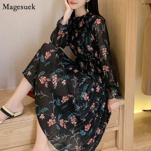 2021 Spring Pleated Floral Chiffon Dress Women Long Sleeve Ruffles Printed Dress Female Loose Elegant Party Dresses Vestido 7150