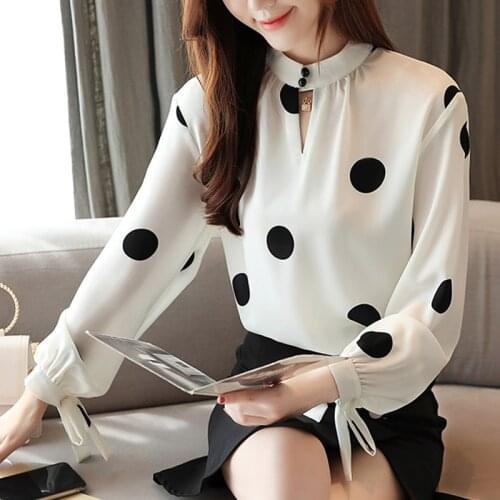 Blusas Mujer De Moda 2020 Korean Women Autumn Long Sleeve Shirts Chiffon Blouse Bow Polka Dot Stand Lantern Clothing Button 0350