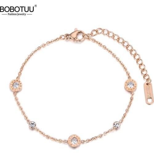 BOBOTUU Classic Roman Numerals Cubic Zirconia Chain & Link Bracelets Jewelry Titanium Steel Charms Bracelet For Women BB18019