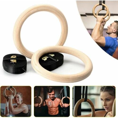 DE Wooden Gymnastic Rings 1 Pair 28mm/32mm Straps Training Strength Fitness Exercise Workout Strength Gym
