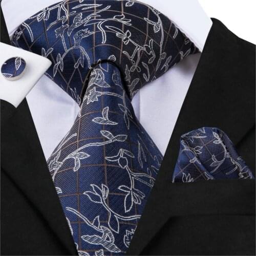 Hi-Tie Luxury Silk Fashion Mens Necktie Blue Floral Tie Set Business Wedding Suit Ties Cuffllinks Handkerchiefs 8.5cm SN-3082