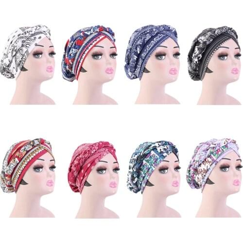 Boho Headwear Cap African Style Muslim Turban Hair Accessories Fashion Women Flower Print Braided Bandanas Headwear Baggy Trendy