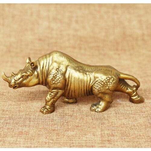 6" Chinese FengShui Brass Wild Rhino Rhinoceros Bull Ox Animal Statue Sculpture