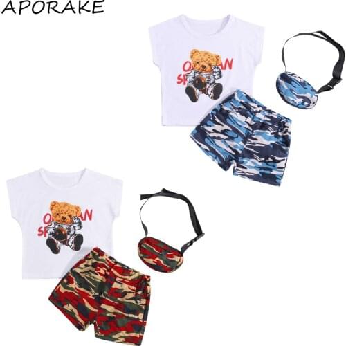 2021 0-5Y Autumn Kids Baby Boy Clothes Set Bears Letter Print Short Sleeve T-shirt+Camouflage Shorts+Waist Bag Casual 3pcs