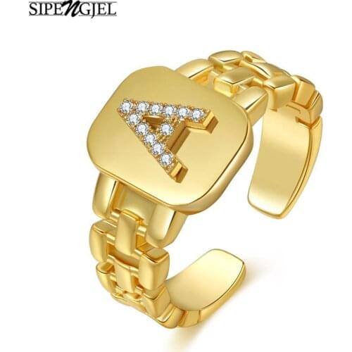 SIPENGJEL Fashion Cubic Zircon Letter A-z Rings Adjustable Gold Plated Initial Rings For Women Hip Hop Jewelry 2021