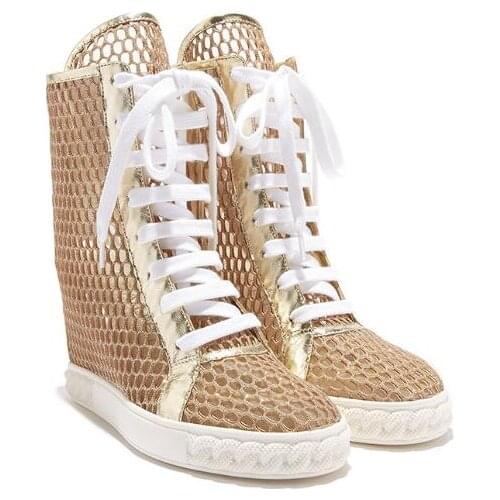 Fashion Woman Golden and Goldust Hollow Out High Top Ironic Sneakers Round Toe Lace Up 8 cm Hidden Wedge Nylon Net Short Boots
