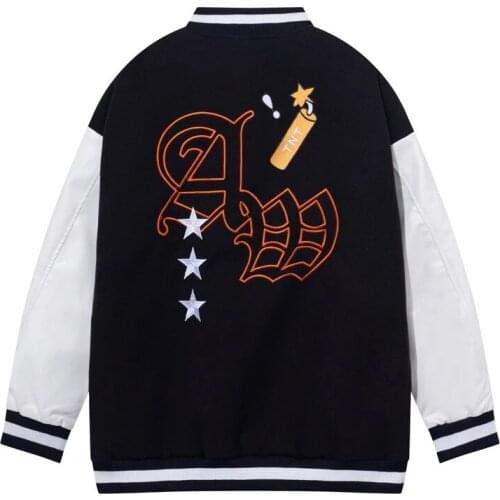 Men PU Leather Stitching Varsity Jacket Letter Embroidery Casual Loose Baseball Uniform Cotton Splicing Hip-Hop Winter Jackets
