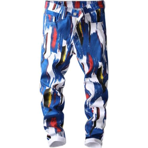 Mens Fashion 3D Pattern Slim Skinny Printed Jeans Blue White Stretch Denim Pants Teenagers Over Flowers