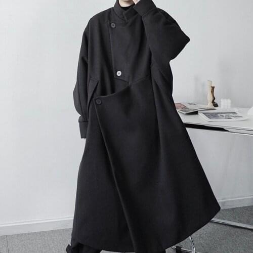 Mens cardigan autumn winter loose long asymmetric coat mens casual windbreaker hip-hop youth black large size woolen clothes