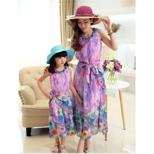 New 2017 Mother and Daughter Dress Matching Clothes Long Bohemian Summer es Family Beach Chiffon Girls Women