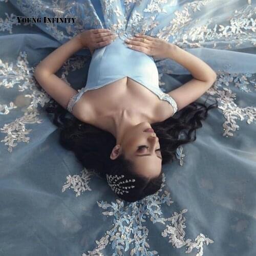 New Arrival Sweetheart Off Shoulder Blue Evening Dress A Line Long Prom Dresses Backless Lace Applique Saudi Arabia Party Gown