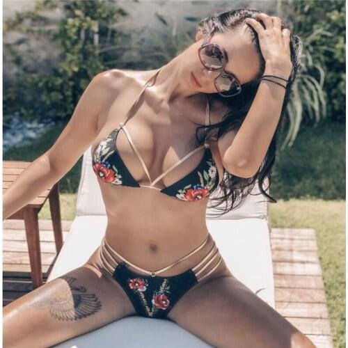 New String Bikini Set Black Swimsuit Retro Vintage Bathing Suit Floral Swimwear Push Up Swim Suit Brazilian Bathers Beachwear
