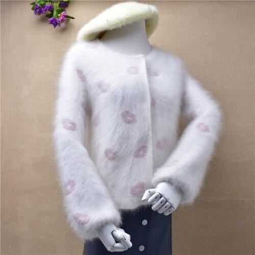 Autumn Sweet coat female clothes lips image round neck buttons top quality cashmere cardigans rabbit fur sweater jacket women