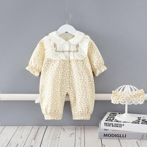 Autumn Peter Pan Collar Embroidery Girls Rompers +Hairband 2pcs/set Infant Clothes Set Newborn Baby Rompers 0-2Y