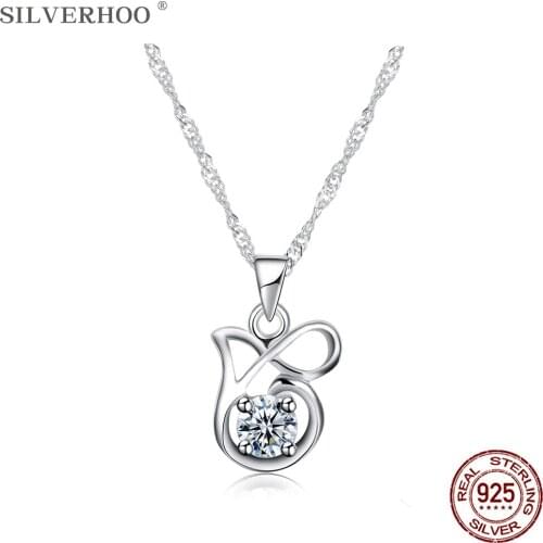 SILVERHOO Genuine 925 Sterling Silver Necklaces For Women Round Clear Cubic Zirconia Cute Necklace Charms Fine Jewelry Hot Sale