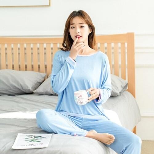 2019 Spring Modal Long Sleeve Loose Womens Pajamas Round Neck Solid Pijama Mujer Sexy Lingerie Loungewear Women Pyjamas Home Set