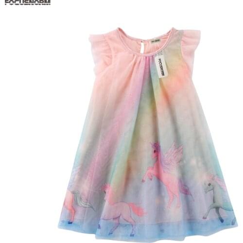 Toddler Baby Girls Summer Sweet Princess Dress Unicorn Print Lace Petal Sleeve Rainbow Print A-Line Knee-Length Dress 1-7Y