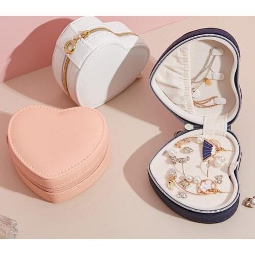 PU Portable Jewelry Box Organizer Display Storage Case Gift Women Heart-shape Jewelry Organizer Travel Jewelry Case Boxes Zipper