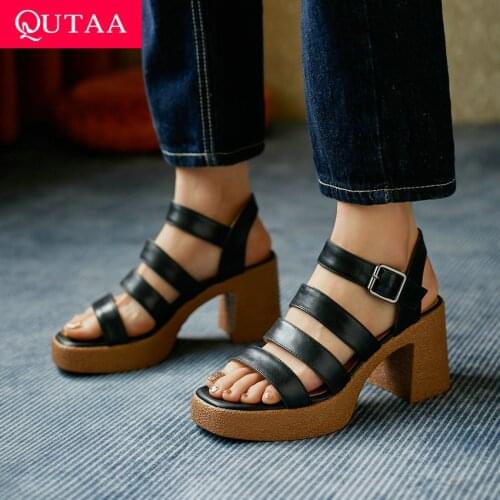 QUTAA 2021 Platform Rome Sandals Genuine Leather Fashion Female Pumps Summer Buckle Square High Heel Women Shoes Size 34-39