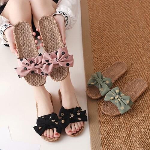 Suihyung Summer Women Slippers Polka Dot Bow Casual Slides For Girls Breather Flax Home Shoes Female Indoor Flip Flops Sandals