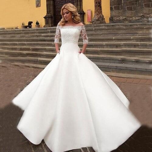 Vestido De Noiva Boat Neck A-Line Back Buttons Lace Applique Simple Satin Wedding Dress With Sleeves